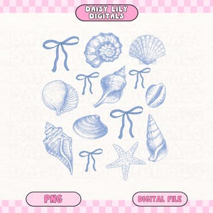 May include: A set of 10 blue and white illustrations of seashells and a starfish. The illustrations are in a vintage style and have a delicate, hand-drawn look. The illustrations are perfect for adding a touch of whimsy to any project.