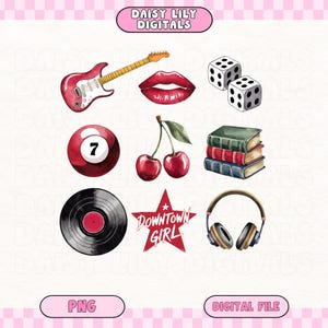 Puede incluir: Un conjunto de nueve imágenes de clipart digital que incluyen una guitarra eléctrica roja, labios rojos, dos dados blancos, una bola de billar roja con el número 7, dos cerezas rojas, una pila de tres libros, un disco de vinilo negro, una estrella roja con el texto "Downtown Girl" y un par de auriculares negros.