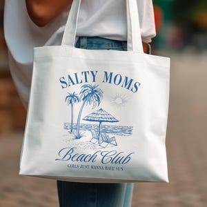 Salty Moms Beach Club Tote Bag, Summer Palm Tree Graphic, Canvas Shopping Bag
