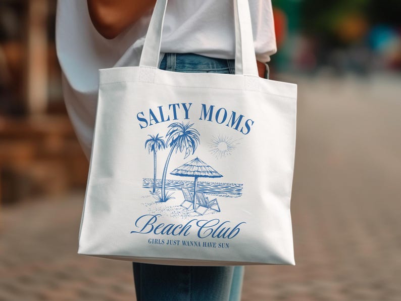 Salty Moms Beach Club Tote Bag, Summer Palm Tree Graphic, Canvas Shopping Bag