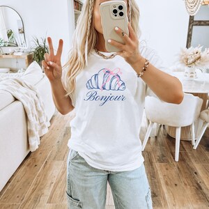 Women's White Graphic Tee with Blue Bonjour Print, Casual Summer Cotton T-Shirt