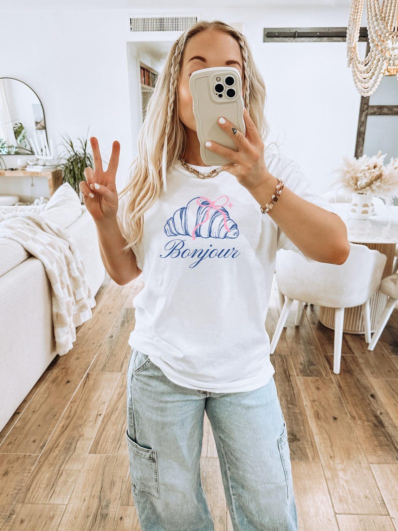Women's White Graphic Tee with Blue Bonjour Print, Casual Summer Cotton T-Shirt
