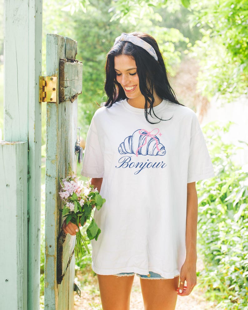 Bonjour Croissant Graphic T-Shirt, French Themed Casual White Tee, Stylish Women's Summer Top, Floral Fashion Outfit