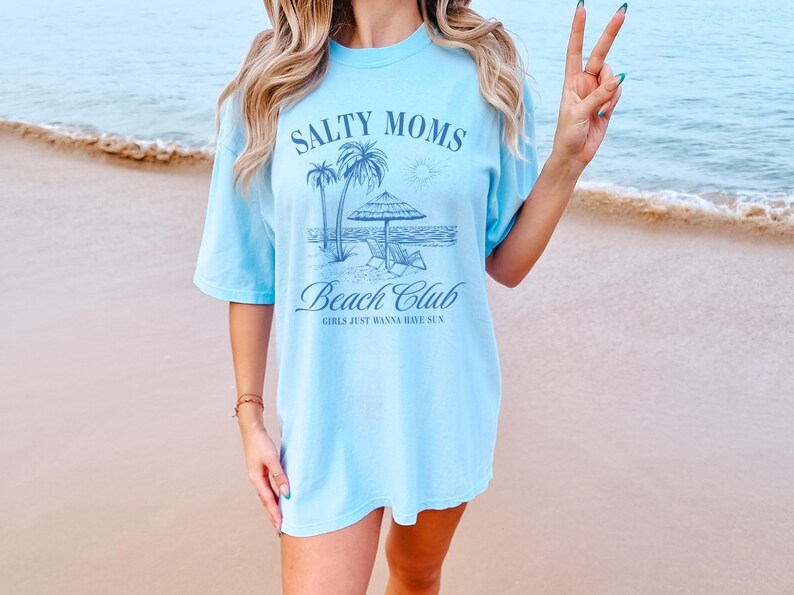 Salty Moms Beach Club T-Shirt, Light Blue Summer Tee, Casual Graphic Shirt for Women, Beach Themed Apparel