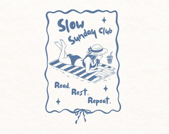 Slow Sunday Club PNG Beach png Coquette png Reading png Trendy zomer Png Book Lover png Bookish png Digitale download sublimatieontwerp
