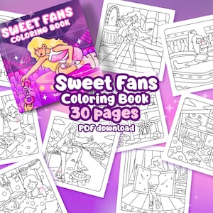 Puede incluir: Imagen de un libro para colorear y varias páginas para colorear. La portada del libro, con el título "Sweet Fans Coloring Book", presenta a una mujer rubia vestida de rosa. Las páginas para colorear son dibujos lineales en blanco y negro. El texto "30 páginas" y "PDF download" es visible.