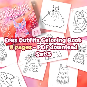 Könnte beinhalten: Ein Malbuch mit 8 Seiten voller Outfits aus verschiedenen Epochen. Der Einband zeigt einen rosa und weißen Hintergrund mit dem Titel "Eras Outfits Coloring Book" und dem Text "Bold and Easy". Das Buch ist ein PDF-Download und Teil eines 3er-Sets.