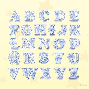 May include: A full alphabet of uppercase letters, each decorated with a blue floral pattern and a bow. The letters are outlined in white and set against a light yellow background with star accents. The letters are in a serif font.