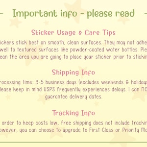 May include: A light green informational card with the text "Important info - please read". The card provides sticker usage and care tips, shipping info, and tracking info. The text is in a mix of pink and green fonts.