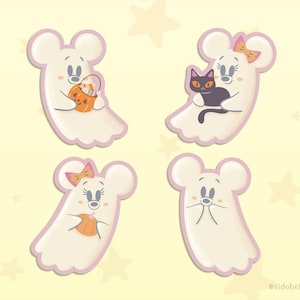 May include: Four cartoon ghost stickers with mouse-like features. Each ghost is white with a pink outline and a smiling face. One holds a pumpkin basket, another a black cat, a third a pumpkin, and the last one is shy.