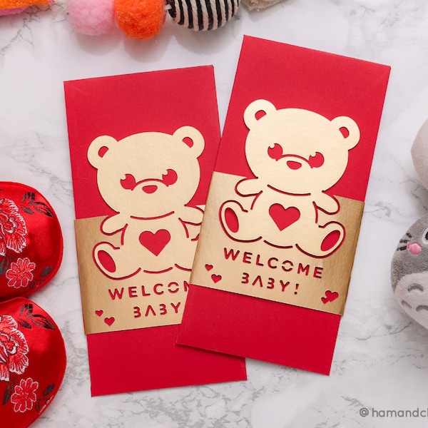 Welcome Baby Newborn Baby Shower Red Envelope (1pc)| Child Birth Money Gift | Handmade Lucky Hong Bao Li Xi Lai See, Paper Cut