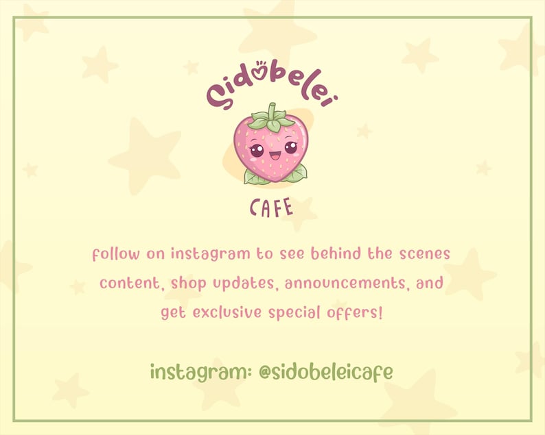 May include: A light yellow background with a green border and star accents. The image features the text "Cid&ouml;bele Cafe" with a cute strawberry graphic. It also includes the Instagram handle @sidobeleicafe and promotional text.