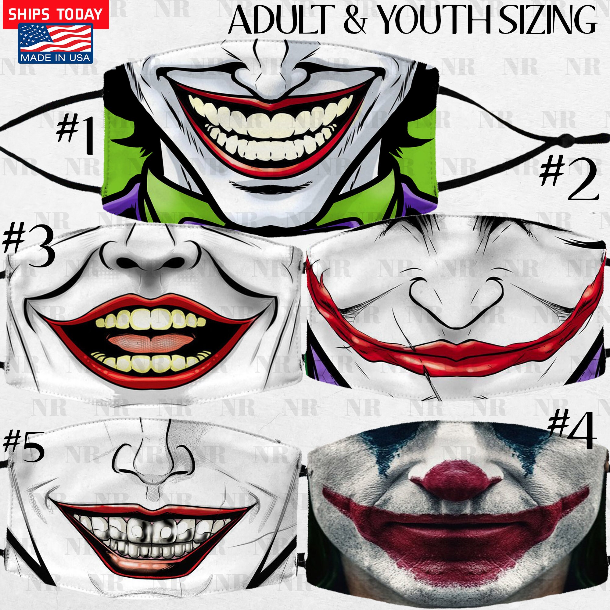 Joker Face Mask Washable Adult Youth Made in USA Filter Pocket Nose W…