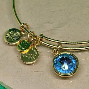 May include: A gold bangle bracelet with multiple charms, including a blue crystal charm, a charm with the text "ANERGY" and a charm with an American flag design.