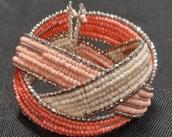 Chunky Beaded Peach and Pink Cuff Bracelet