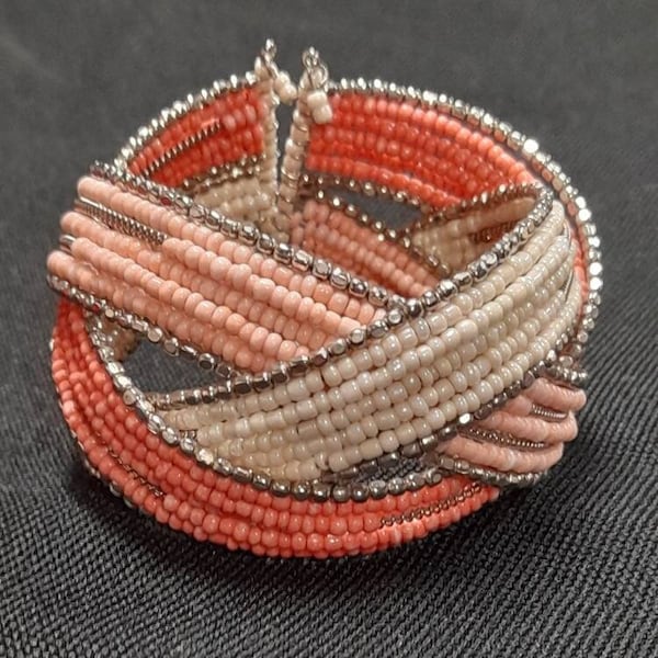 Chunky Beaded Peach and Pink Cuff Bracelet