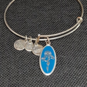 Puede incluir: Un brazalete de plata con un dije de esmalte azul que presenta un diseño de flor. El dije también tiene el texto "Infused with My Energy Technology".