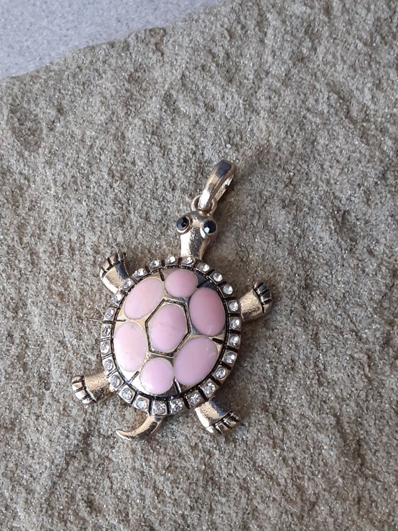 Pink Enamel Rhinestone Turtle Pendant