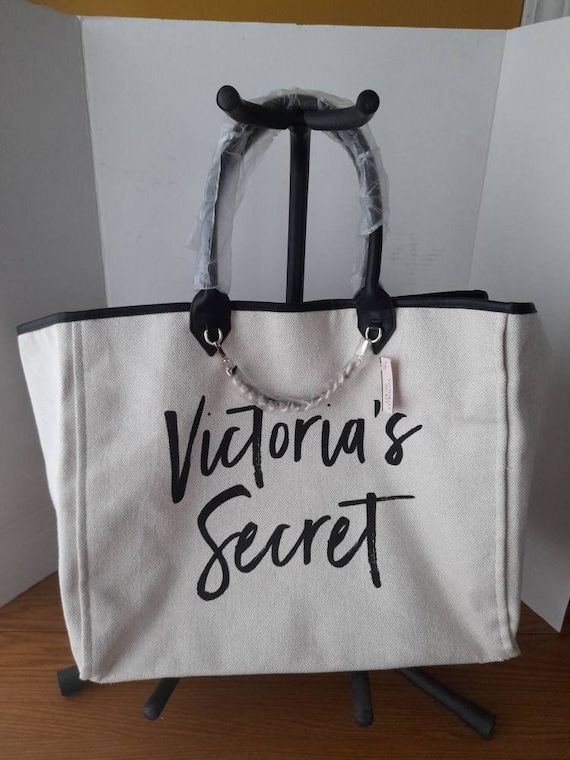 Victoria’s Secret Tote Large Black Pink Bag Canvas Striped Zip Pockets  Ladies