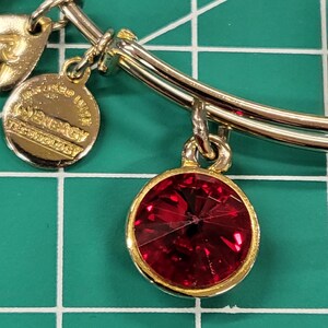 May include: A gold charm bracelet with a red crystal charm. The charm is round and has a gold setting. The bracelet is made of metal and has a silver finish.