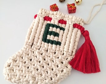 Personalized Macrame Lettered Christmas Stocking, Boho Holiday Decoration, Stocking Sock with Tassel, Santa Boot Decor, Custom Holiday Gift