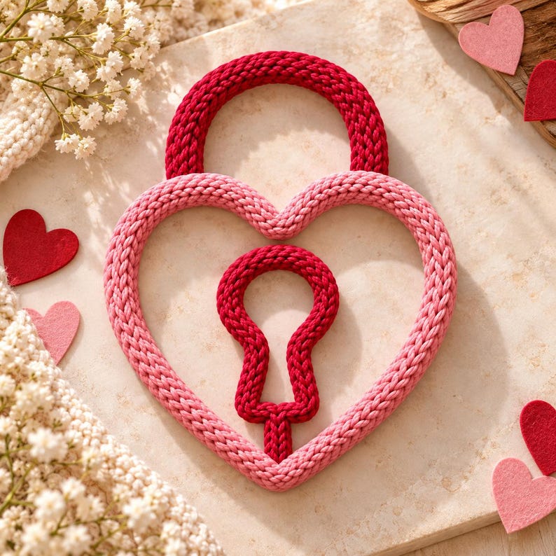 May include: A heart-shaped padlock decoration crafted from braided yarn. The shackle is deep red, the heart-shaped body is light pink, and a central keyhole cutout is deep red. The piece features a textured, woven cord construction.