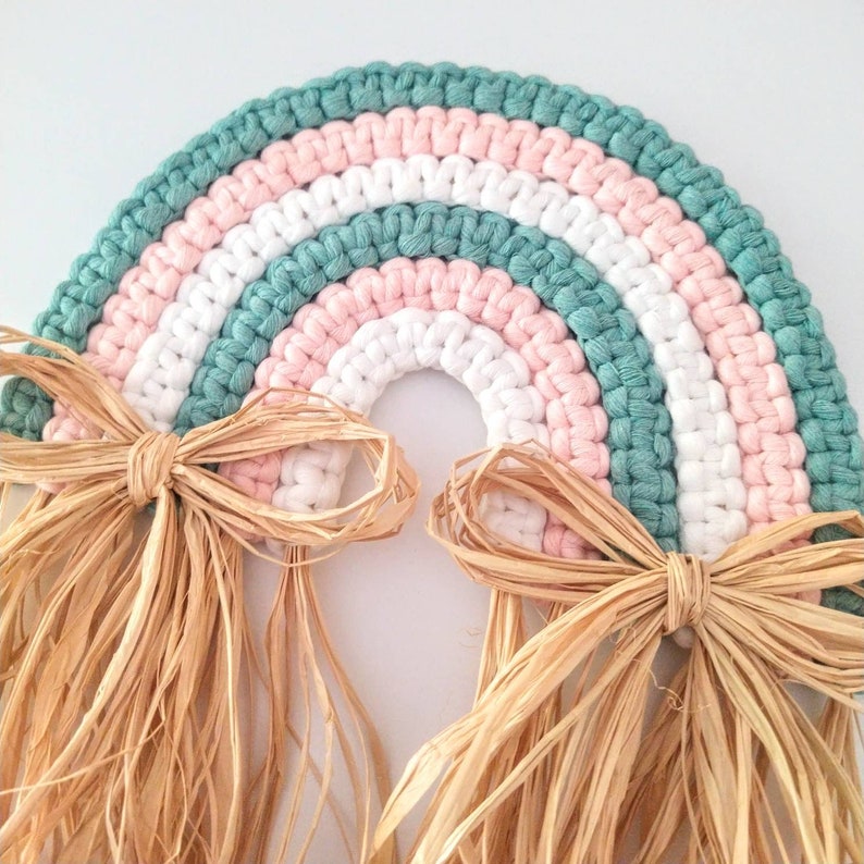 Macrame Rainbow Wall Hanging with Raffia Bows, Pastel Colored Fiber Rainbow, Nursery Wall Art, Rainbow Baby Gift, Mothers Day, Birthday Gift image 7