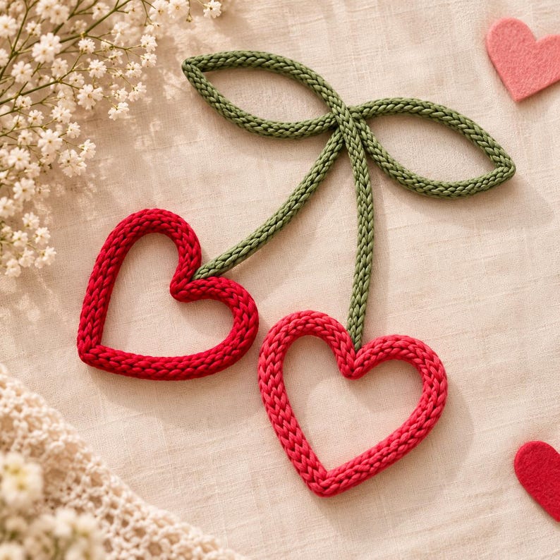 May include: Two red heart-shaped outlines made of knitted yarn connected by two green knitted stems that form a loop at the top. The object is displayed alongside small white flowers and two small pink felt heart cutouts.