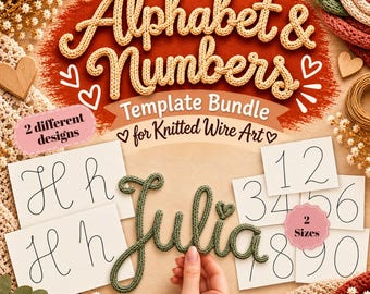 Könnte beinhalten: Ein Vorlagenpaket für Strickdrahtkunst mit dem Text Alphabet & Numbers Template Bundle for Knitted Wire Art. Enthält gedruckte Karten mit Buchstaben und Zahlen sowie einen grünen Strickdrahtnamen Julia mit einem Herz.