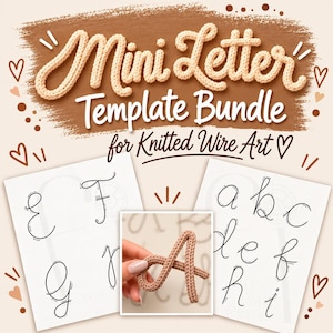 Może przedstawiać: Cyfrowy zestaw szablonów do sztuki z dzianinowego drutu z napisem Mini Letter Template Bundle for Knitted Wire Art. Projekt zawiera dwie białe kartki z czarnymi konturami liter kursywnych oraz centralny obraz dzianinowej litery A.