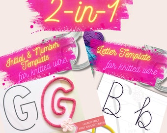 Könnte beinhalten: Werbebild für ein 2-in-1 Strickdraht-Schablonen-Set. Das Bild zeigt den Text "2-in-1", "Initial & Number Template" und "Letter Template". Beispiele für gestrickte Drahtbuchstaben und -zahlen sind ebenfalls abgebildet.