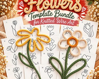 Flowers Template Bundle for Knitted Wire Art, 20 Designs, Tricotin Stencil with Guiding Arrows, Printable A4 PDF