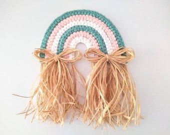 Macrame Rainbow Wall Hanging with Raffia Bows, Pastel Colored Fiber Rainbow, Nursery Wall Art, Rainbow Baby Gift, Mothers Day, Birthday Gift