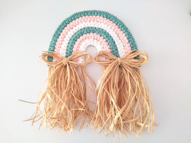 Macrame Rainbow Wall Hanging with Raffia Bows, Pastel Colored Fiber Rainbow, Nursery Wall Art, Rainbow Baby Gift, Mothers Day, Birthday Gift image 1