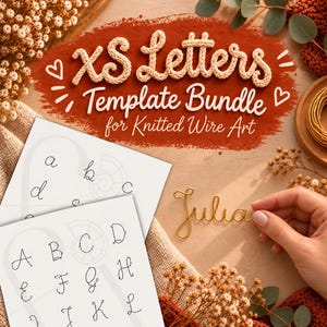 Pacchetto di modelli di lettere XS per lavori con filo metallico, piccoli ornamenti alfabetici, testo per decorazioni in tricotin, portachiavi, con frecce guida