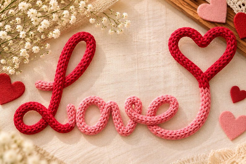 May include: A knitted cord spelling the word love in cursive script, featuring a gradient of red and pink yarn. The letter e is shaped into a heart at the top. Several small, flat felt hearts in shades of red and pink are scattered nearby.