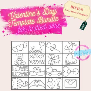 Paquete de plantillas de tricotina para el día de San Valentín para arte con alambre tejido, letras XS GRATIS / Amor, candado y llave de corazón, cerezas, lazos, osito de peluche...