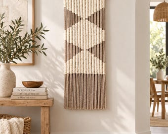 Long Macrame Wall Hanging , Wabi Sabi Fiber Art Wall Decor, Contemporary Office Tapestry, Textured Earth Toned Living Room Wall Decoration