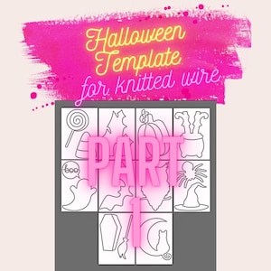 Op de afbeelding: Een zwart-witte printbare Halloween-sjabloon voor brei-draad-ambachten. De sjabloon bevat 12 verschillende ontwerpen, waaronder een pompoen, een heksenhoed, een spin, een spook, een vleermuis, een ketel, een maïs, een lolly, een blad, een kist, een bezem en een kat. De sjabloon is gemarkeerd met "DEEL 1".