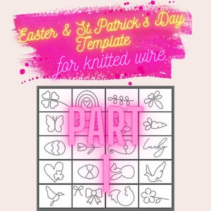 Può includere: Una griglia in bianco e nero con 16 diversi disegni per lavori artigianali in filo metallico lavorato a maglia. I disegni includono una farfalla, un cuore, un arcobaleno, un trifoglio, una carota, un pesce, un uccello, un fiocco e altro ancora. Il testo "PART 1" è in rosa e bianco.