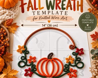 Large Fall / Halloween Wreath Template for Knitted Wire Art - 14" Tricotin Autumn Door / Wall Decor with Pumpkin & Leaves
