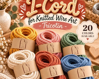 May include: Six skeins of I-Cord for knitted wire art in yellow, pink, green, white, orange, and blue. Each skein is wrapped in a brown paper band with the text fi town macrame. The image includes the text I-Cord for Knitted Wire Art - Tricotin - and 20 COLORS AVAILABLE.