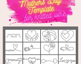 Mothers Day Template Bundle for Knitted Wire Art, 12 Designs, DIY Mothers Day Gift, Tricotin Stencil with Guiding Arrows, A4 Printable PDF,