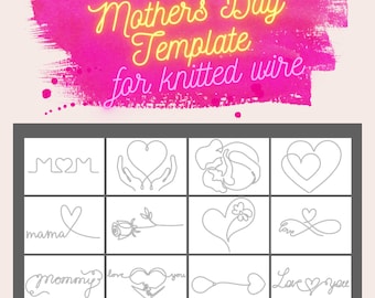 Mothers Day Template Bundle for Knitted Wire Art, 12 Designs, DIY Mothers Day Gift, Tricotin Stencil with Guiding Arrows, A4 Printable PDF,