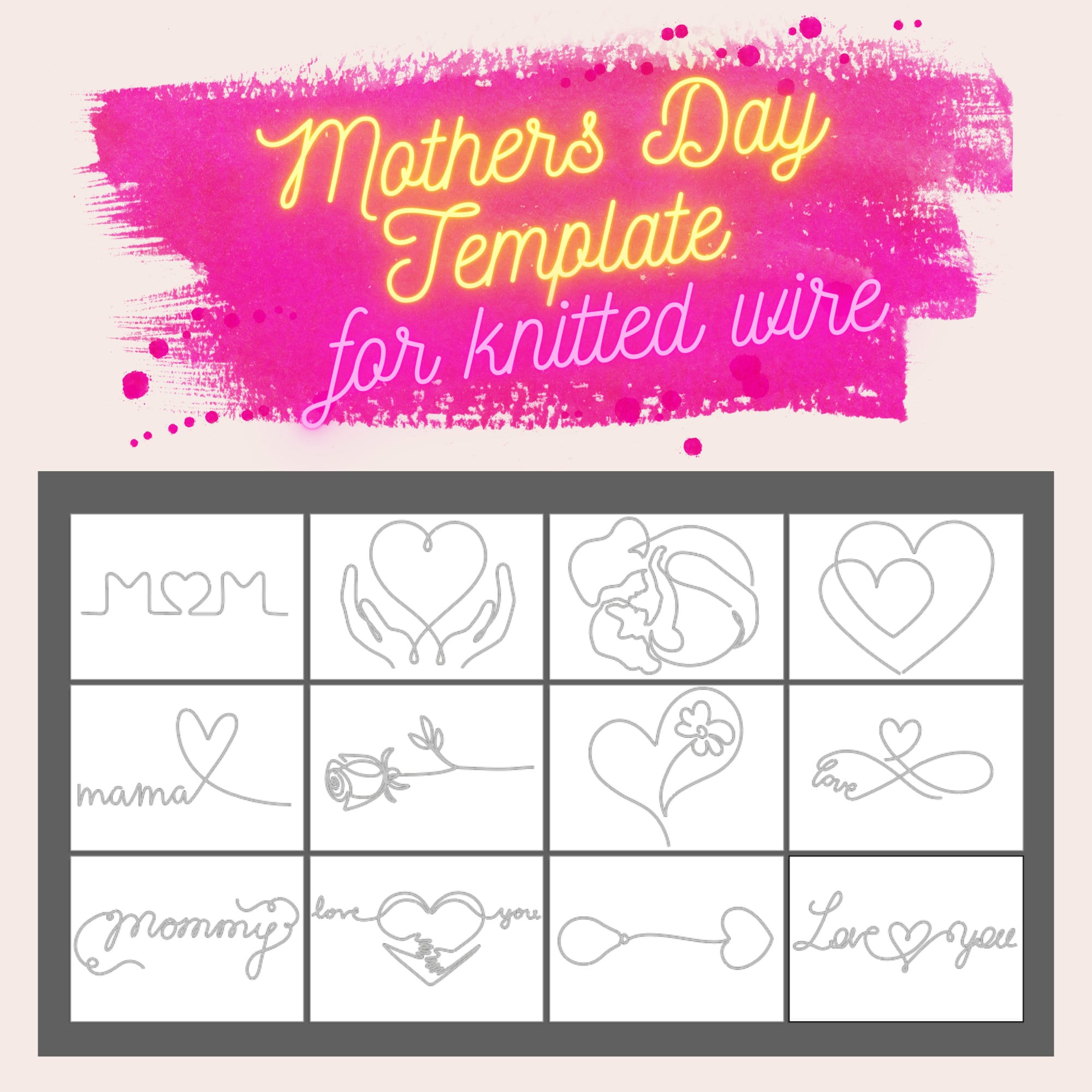 mothers-day-template-bundle-for-knitted-wire-art-12-designs-diy-mothers-day-gift-tricotin-stencil-with-guiding-arrows-a4-printable-pdf-etsy