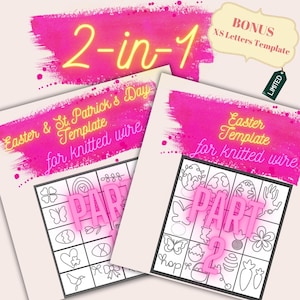 Op de afbeelding: Een 2-in-1 printbare sjabloon voor breidraad-ambachten. De sjabloon bevat ontwerpen voor Pasen en St. Patrick's Day. De ontwerpen zijn verdeeld in twee delen, waarbij de paasontwerpen zijn gemarkeerd met "Deel 2" en de St. Patrick's Day-ontwerpen met "Deel 1".
