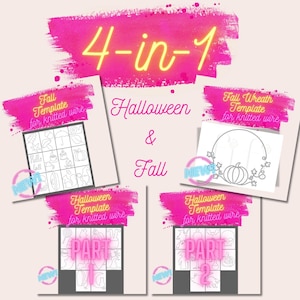 May include: Four printable templates for knitted wire crafts, featuring Halloween and fall themes. The templates include a wreath, a pumpkin, and various Halloween and fall-themed designs. The templates are labeled "NEW!" and "PART 1" and "PART 2".