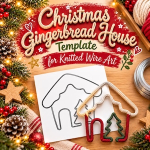 May include: A white paper template featuring a black line drawing of a gingerbread house with a tree, accompanied by a finished knitted wire gingerbread house shape in beige, red, and green, set against a festive holiday background.