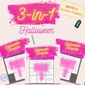 May include: A pink and yellow Halloween-themed template set. The text reads "3-in-1 Halloween" and "Halloween Template for knitted wire." The set includes a bonus XS letters template and is labeled "Limited."