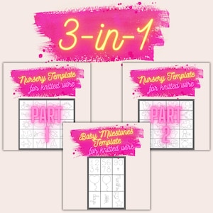 Puede incluir: Tres plantillas imprimibles para decoración de guardería de alambre tejido. Las plantillas incluyen una tabla de hitos para bebés, una tabla de rimas infantiles y una tabla de rimas infantiles. Las plantillas están en blanco y negro y tienen un fondo rosa.